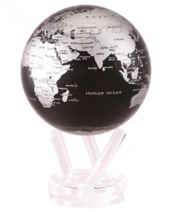 Глобус самоврощающийся Политическая карта, черный с серебром
