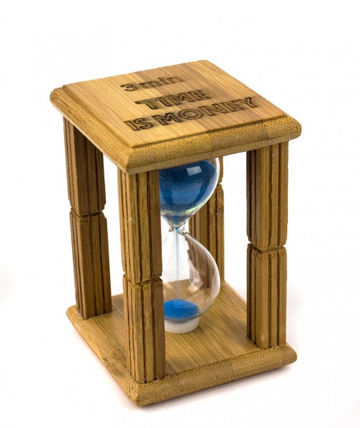 Годинник пісочний в бамбуку Time is money з синім піском . Годинник пісочний в бамбуку Time is money з синім піском .