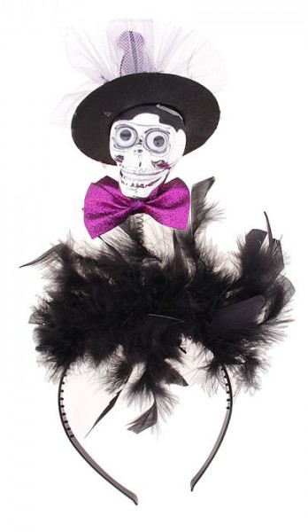 Карнавальный ободок Череп в шляпке с бабочкой и перьями Карнавальный ободок Череп в шляпке с бабочкой и перьями