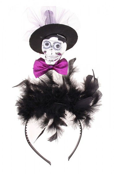 Карнавальный ободок Череп в шляпке с бабочкой и перьями Карнавальный ободок Череп в шляпке с бабочкой и перьями
