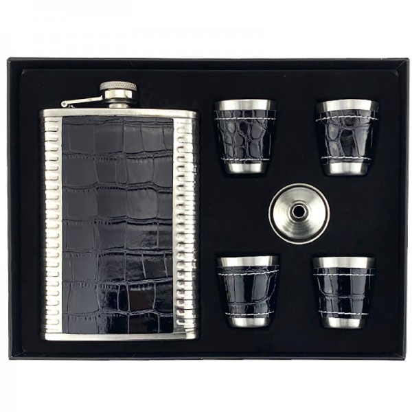Набор фляга стопки с элементом крокодиловой черной кожи Набор фляга стопки с элементом крокодиловой черной кожи