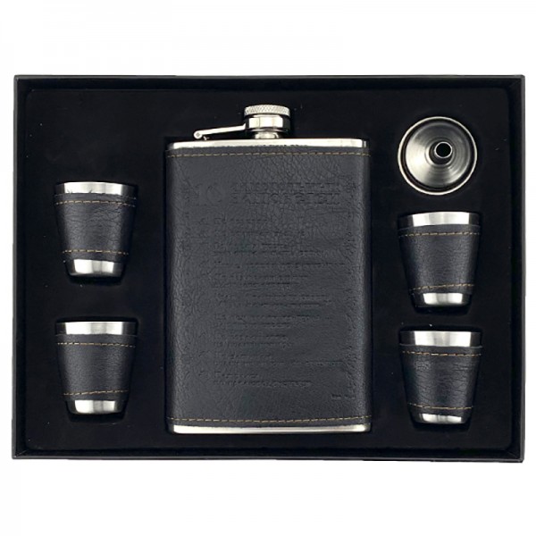 Набір : фляга, стопки в чорній шкірі, 10 заповідей Набір : фляга, стопки в чорній шкірі, 10 заповідей