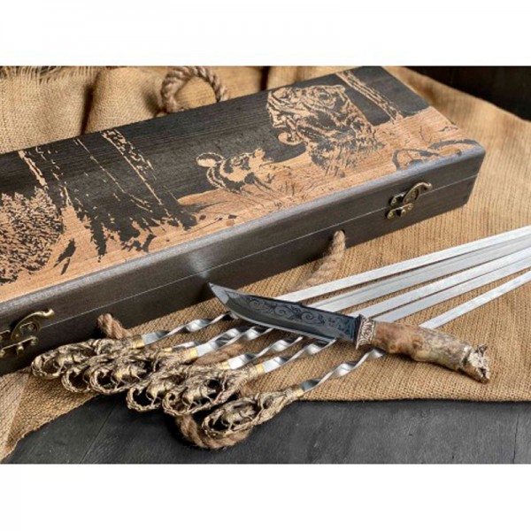 Шампура Кабан в расписном кейсе из бука. Шампура +нож Шампура Кабан в расписном кейсе из бука. Шампура +нож