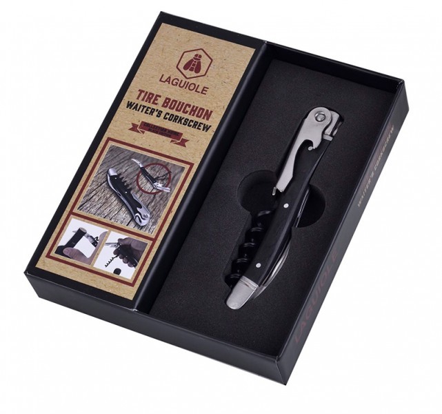Нож сомелье с открывалкой LAGUIOLE, черное дерево пакка BLACK WOOD CORKSCREW в подарочной коробке Франция Нож сомелье с открывалкой LAGUIOLE, черное дерево пакка BLACK WOOD CORKSCREW в подарочной коробке Франция