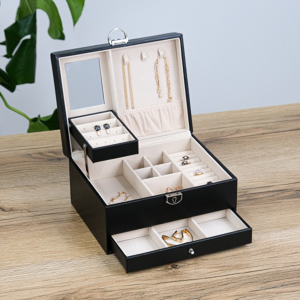 Скринька органайзер для прикрас з дзеркалом, екошкіра чорна Скринька органайзер для прикрас з дзеркалом, екошкіра чорна