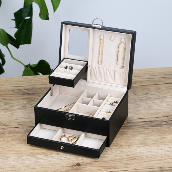 Скринька органайзер для прикрас з дзеркалом, екошкіра чорна Скринька органайзер для прикрас з дзеркалом, екошкіра чорна