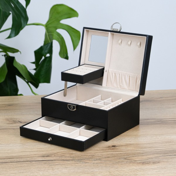 Скринька органайзер для прикрас з дзеркалом, екошкіра чорна Скринька органайзер для прикрас з дзеркалом, екошкіра чорна