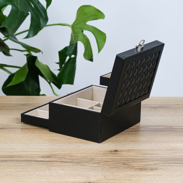 Скринька органайзер для прикрас з дзеркалом, екошкіра чорна Скринька органайзер для прикрас з дзеркалом, екошкіра чорна