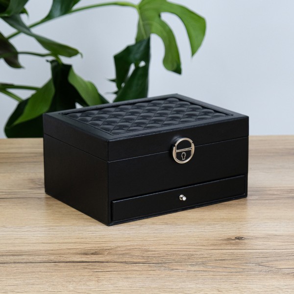 Скринька органайзер для прикрас з дзеркалом, екошкіра чорна Скринька органайзер для прикрас з дзеркалом, екошкіра чорна