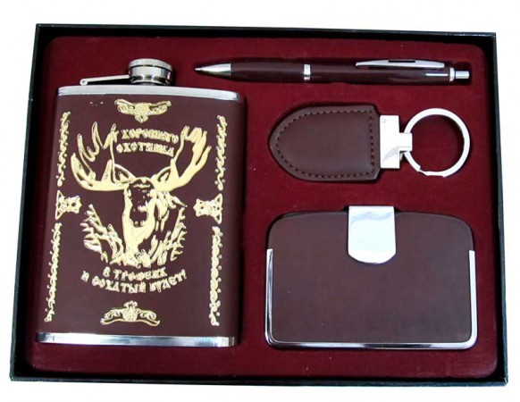 Фляга, подарунковий набір - шкіра із золотом Фляга, подарунковий набір - шкіра із золотом
