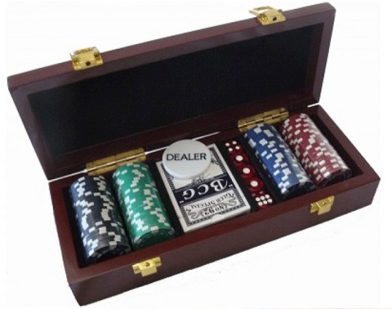 Набір покер на 100 фішок в дерев'яній скриньці №100м Набір покер на 100 фішок в дерев'яній скриньці №100м